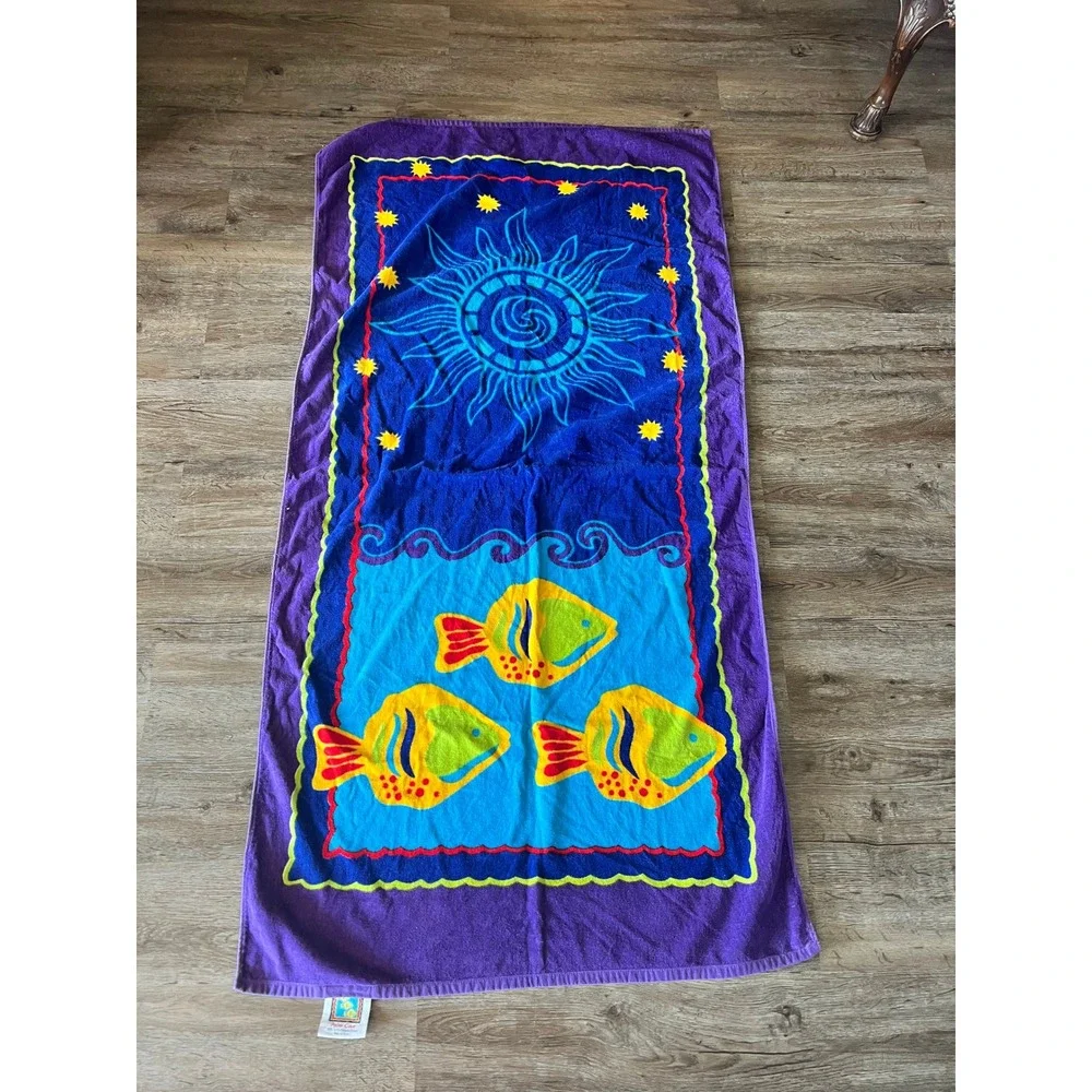 Palm Cove Beach Towel 100% Cotton Sun Fish Celestial Purple Blue 30x57.5
